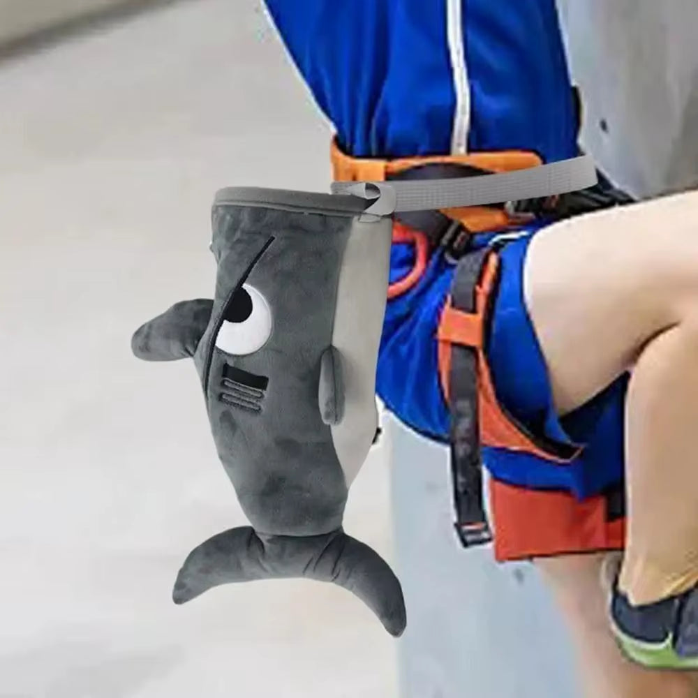 Gray Color Flannel Shark Chalk Bag Flannel Material Stuffed Animal Design Rock Climbing Bag Shark Shape Magnesium Powder Bag