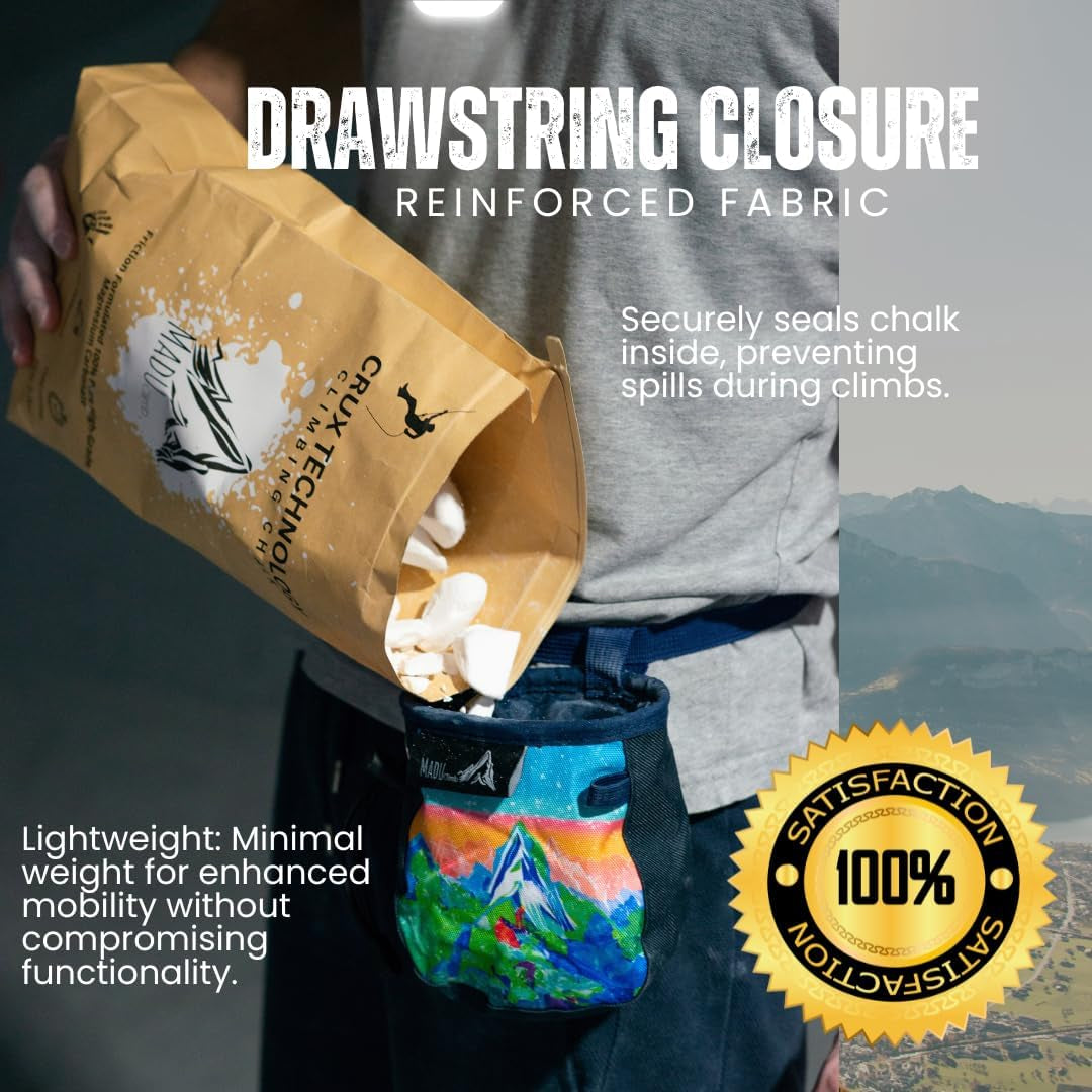 Rock Climbing Bag Sport Climb Chalk Pouch with Zippered Pocket, Brush Holder & Fleece Lining by