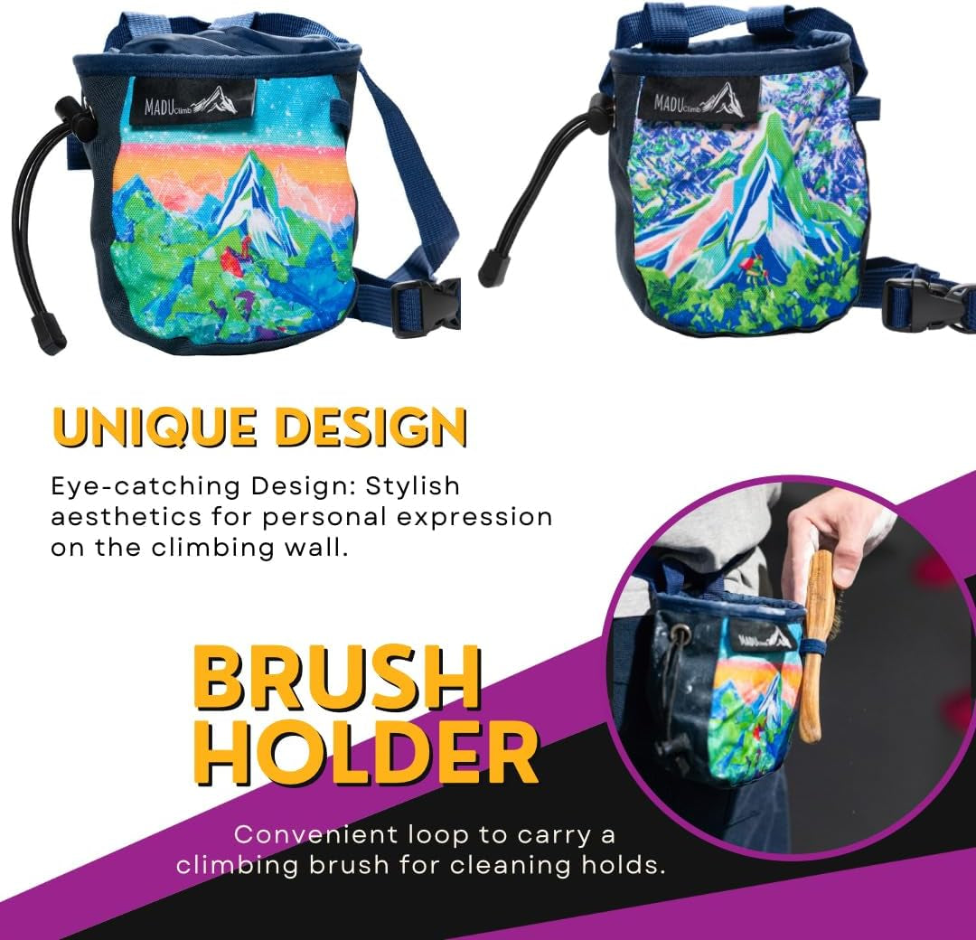 Rock Climbing Bag Sport Climb Chalk Pouch with Zippered Pocket, Brush Holder & Fleece Lining by