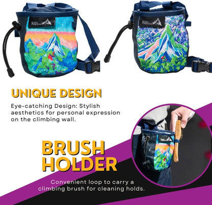 Rock Climbing Bag Sport Climb Chalk Pouch with Zippered Pocket, Brush Holder & Fleece Lining by