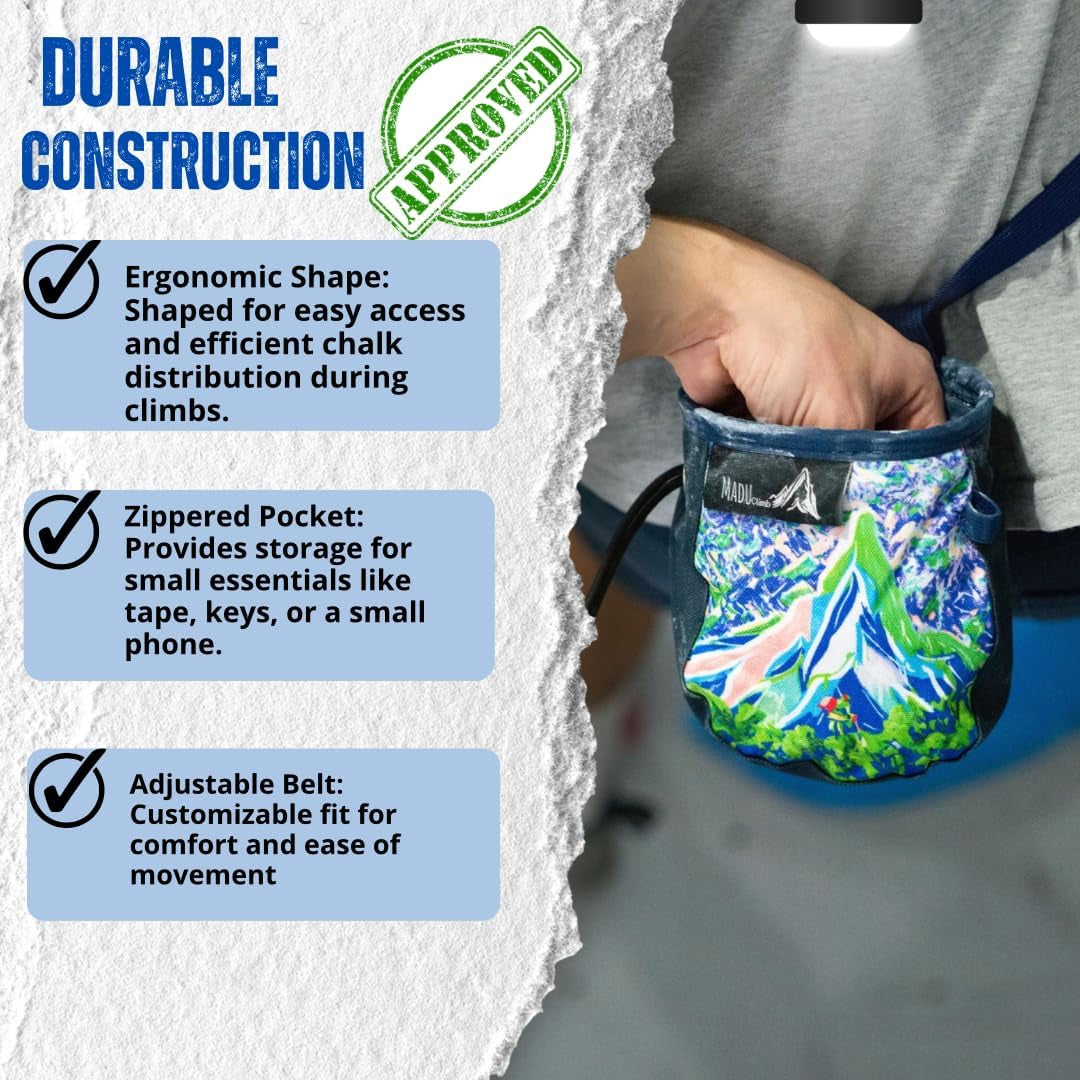 Rock Climbing Bag Sport Climb Chalk Pouch with Zippered Pocket, Brush Holder & Fleece Lining by
